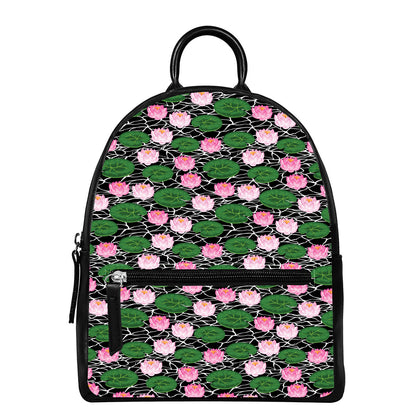 Lotus Flower And Leaf Pattern Print Leather Backpack