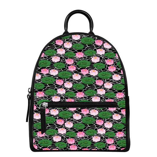 Lotus Flower And Leaf Pattern Print Leather Backpack