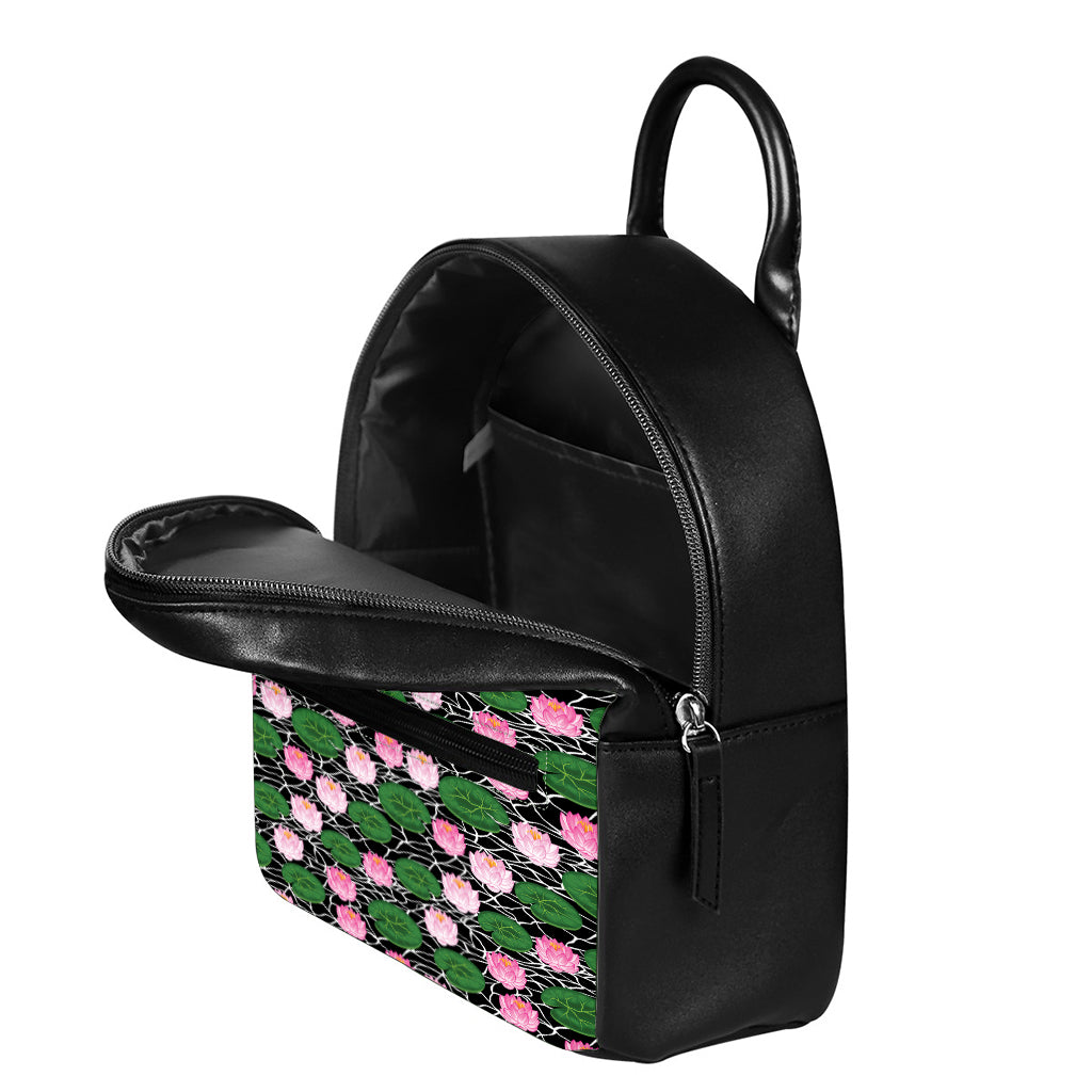 Lotus Flower And Leaf Pattern Print Leather Backpack