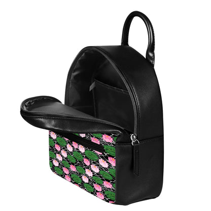 Lotus Flower And Leaf Pattern Print Leather Backpack