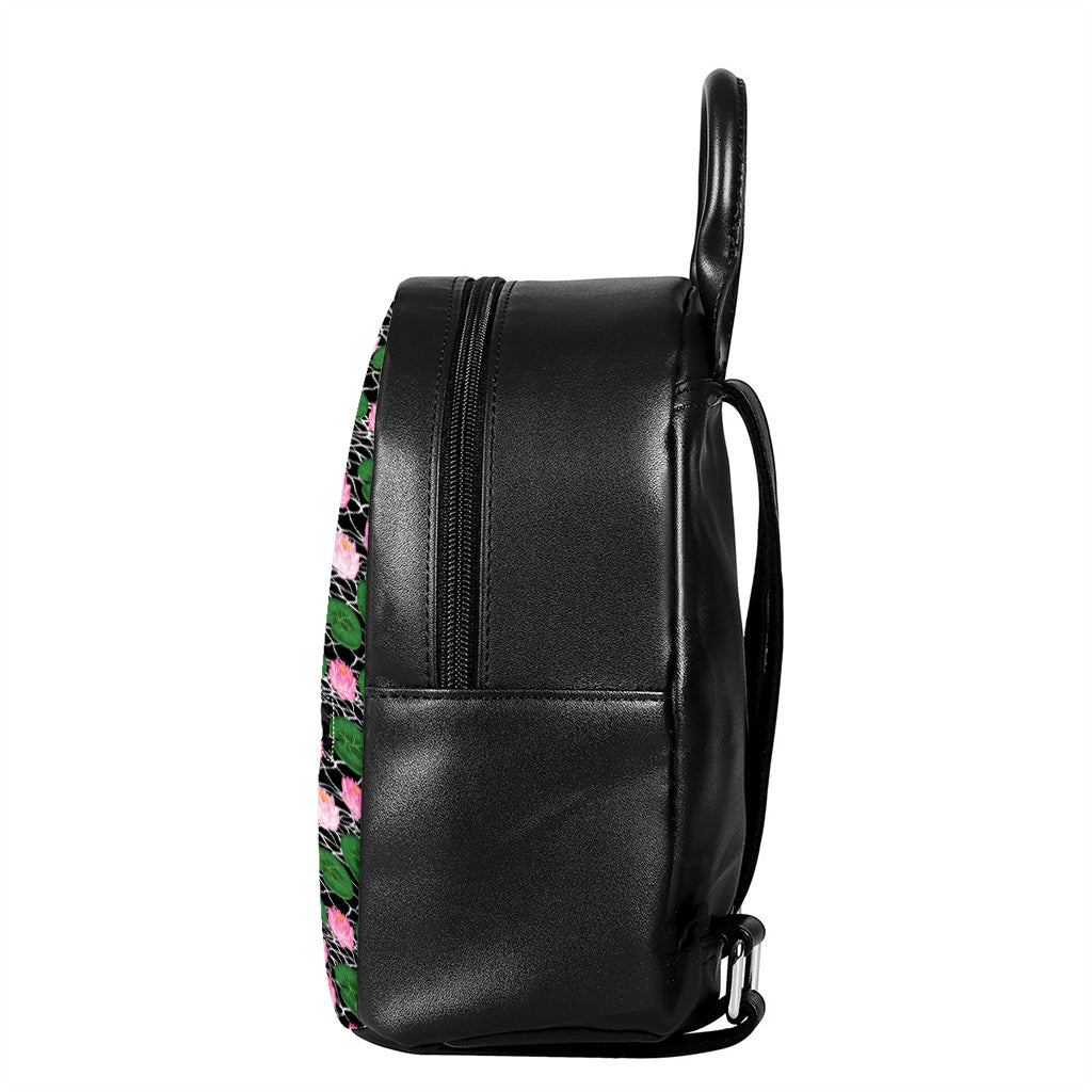Lotus Flower And Leaf Pattern Print Leather Backpack