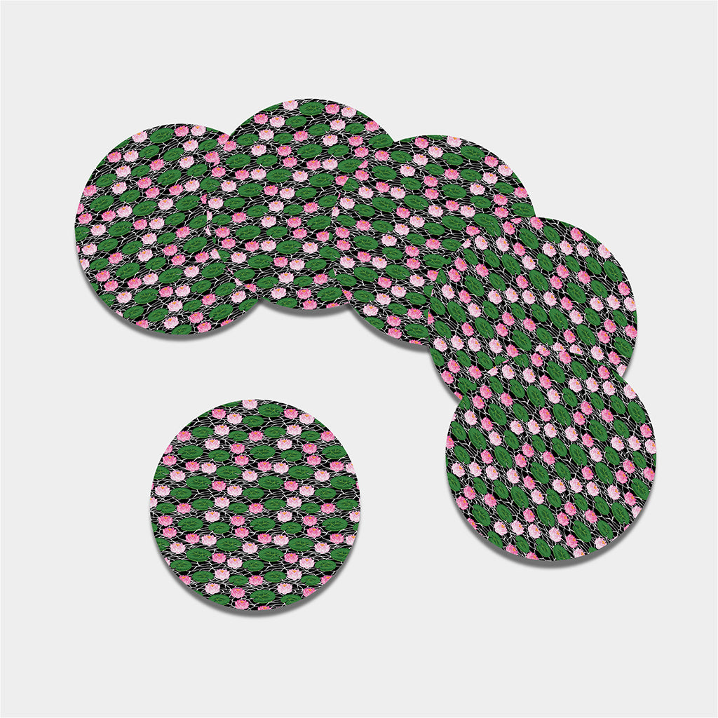 Lotus Flower And Leaf Pattern Print Leather Coaster Set