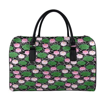 Lotus Flower And Leaf Pattern Print Leather Duffle Bag