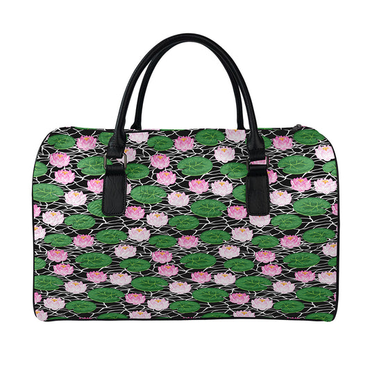 Lotus Flower And Leaf Pattern Print Leather Duffle Bag