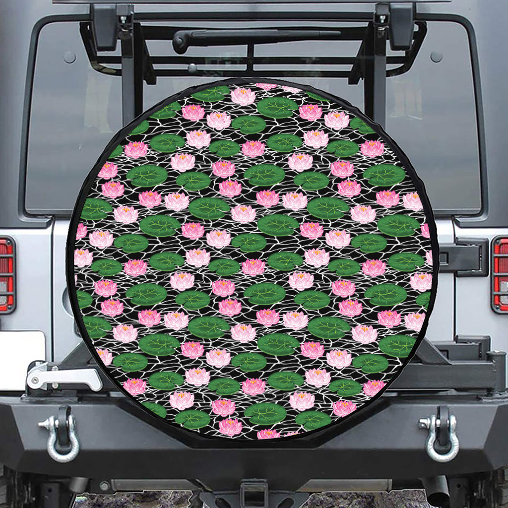 Lotus Flower And Leaf Pattern Print Leather Spare Tire Cover