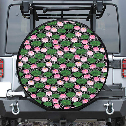 Lotus Flower And Leaf Pattern Print Leather Spare Tire Cover