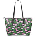 Lotus Flower And Leaf Pattern Print Leather Tote Bag With Zipper