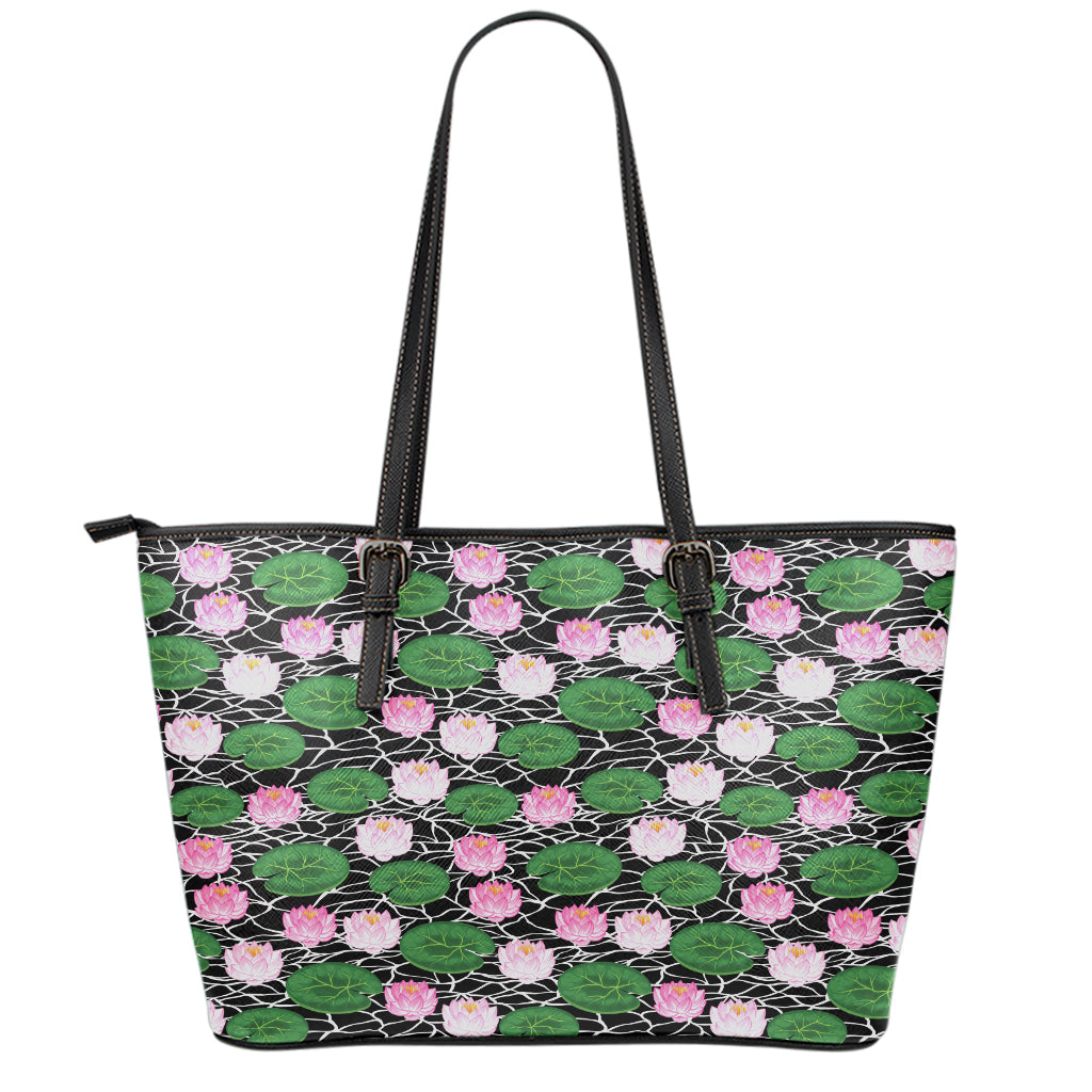 Lotus Flower And Leaf Pattern Print Leather Tote Bag