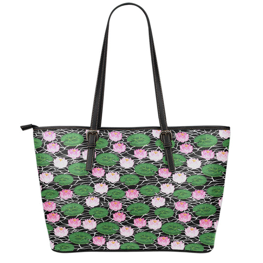 Lotus Flower And Leaf Pattern Print Leather Tote Bag