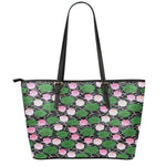 Lotus Flower And Leaf Pattern Print Leather Tote Bag