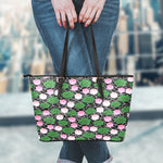 Lotus Flower And Leaf Pattern Print Leather Tote Bag