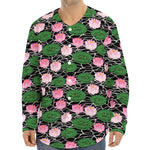 Lotus Flower And Leaf Pattern Print Long Sleeve Baseball Jersey