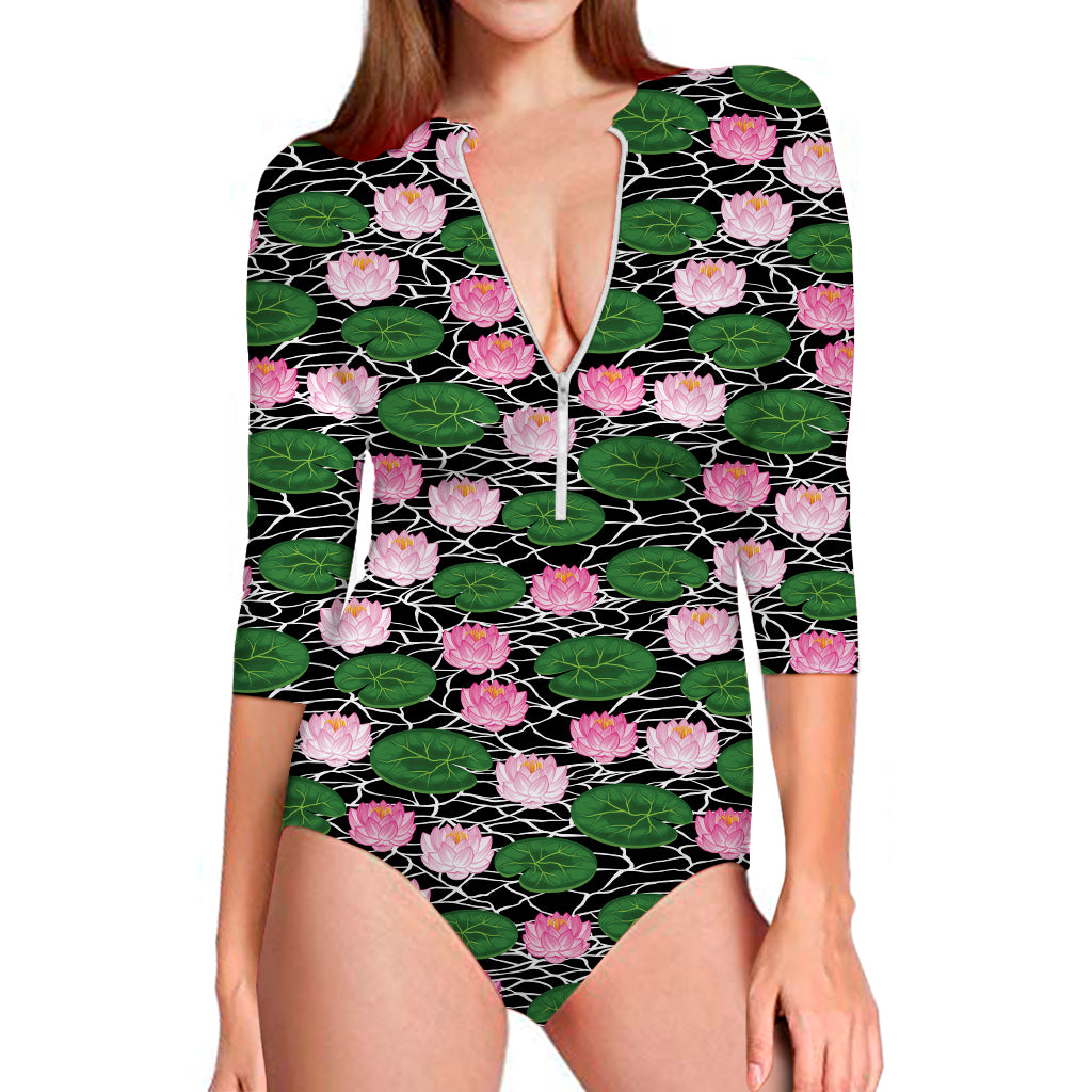 Lotus Flower And Leaf Pattern Print Long Sleeve Swimsuit