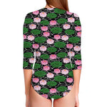 Lotus Flower And Leaf Pattern Print Long Sleeve Swimsuit