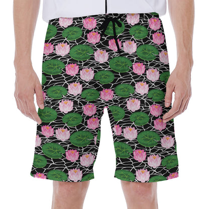 Lotus Flower And Leaf Pattern Print Men's Beach Shorts