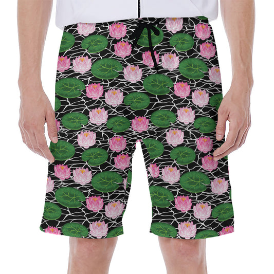 Lotus Flower And Leaf Pattern Print Men's Beach Shorts