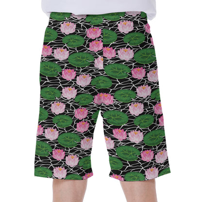 Lotus Flower And Leaf Pattern Print Men's Beach Shorts