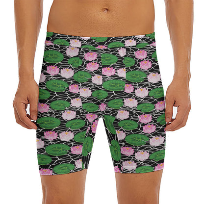 Lotus Flower And Leaf Pattern Print Men's Long Boxer Briefs