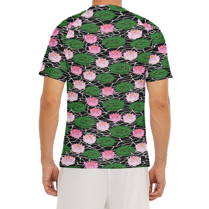 Lotus Flower And Leaf Pattern Print Men's Short Sleeve Rash Guard
