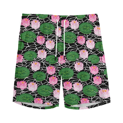 Lotus Flower And Leaf Pattern Print Men's Sports Shorts