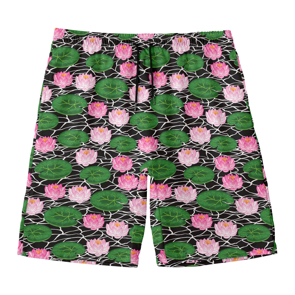 Lotus Flower And Leaf Pattern Print Men's Swim Trunks