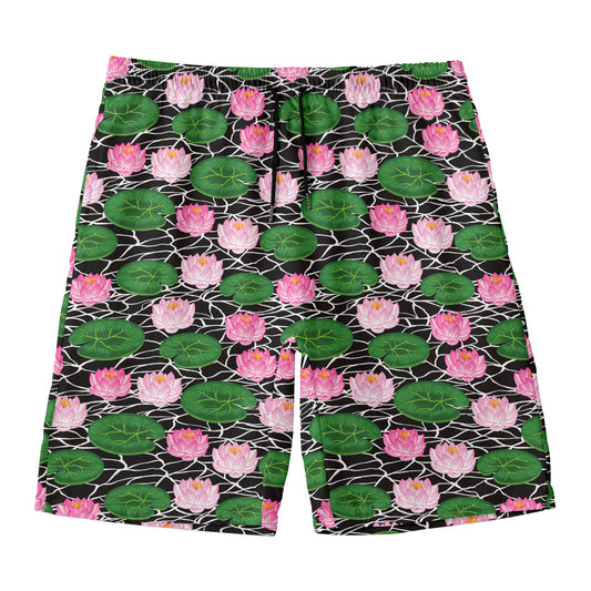 Lotus Flower And Leaf Pattern Print Men's Swim Trunks