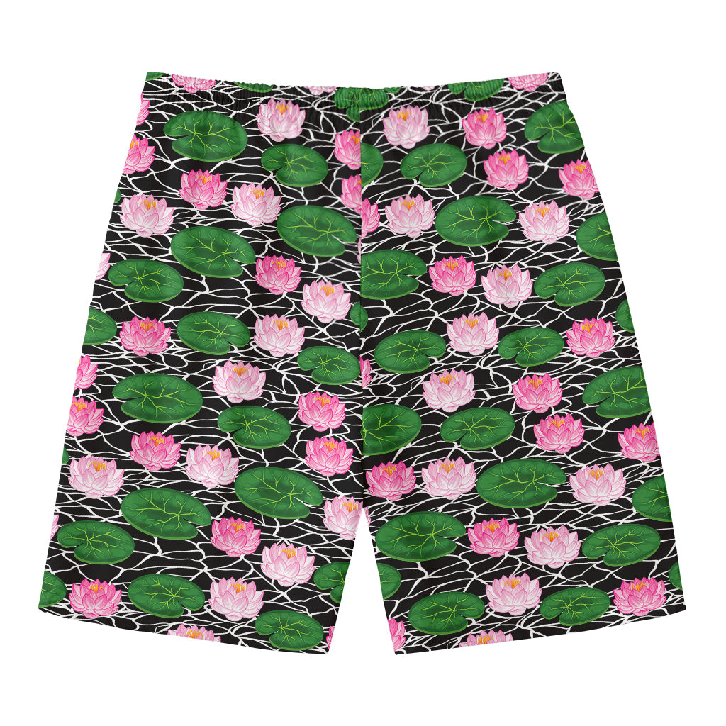 Lotus Flower And Leaf Pattern Print Men's Swim Trunks