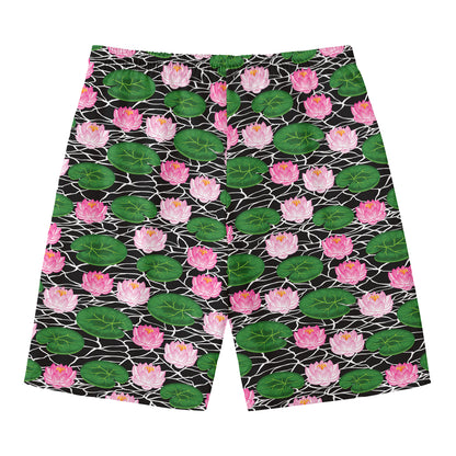 Lotus Flower And Leaf Pattern Print Men's Swim Trunks