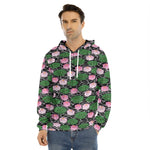 Lotus Flower And Leaf Pattern Print Men's Velvet Pullover Hoodie