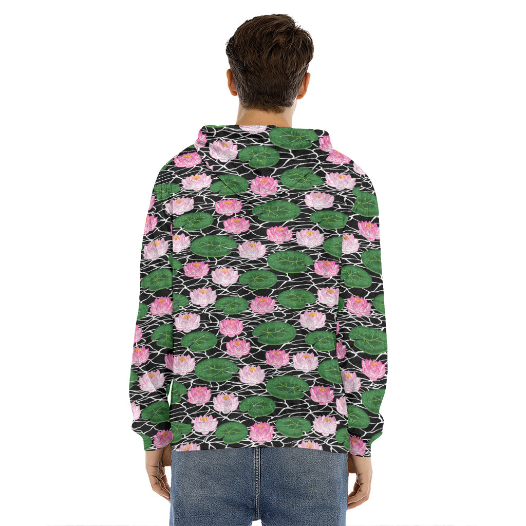 Lotus Flower And Leaf Pattern Print Men's Velvet Pullover Hoodie