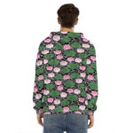 Lotus Flower And Leaf Pattern Print Men's Velvet Pullover Hoodie