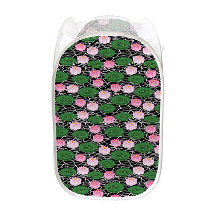 Lotus Flower And Leaf Pattern Print Mesh Laundry Hamper