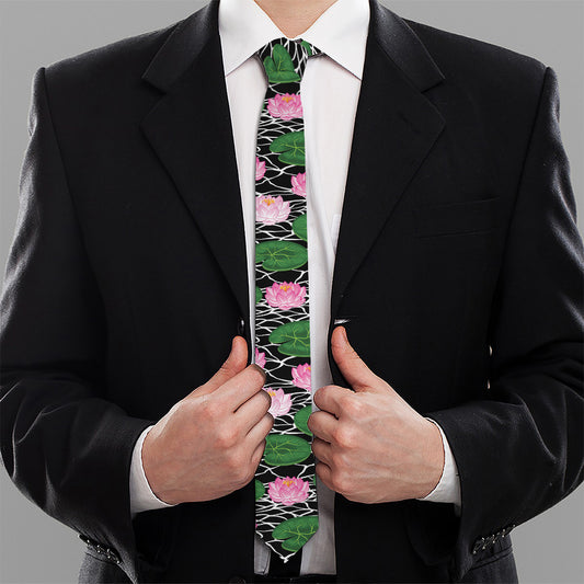 Lotus Flower And Leaf Pattern Print Necktie