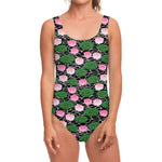 Lotus Flower And Leaf Pattern Print One Piece Swimsuit