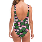 Lotus Flower And Leaf Pattern Print One Piece Swimsuit