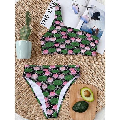 Lotus Flower And Leaf Pattern Print One Shoulder Bikini Top