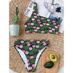 Lotus Flower And Leaf Pattern Print One Shoulder Bikini Top