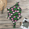 Lotus Flower And Leaf Pattern Print One Shoulder Bodysuit
