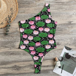 Lotus Flower And Leaf Pattern Print One Shoulder Bodysuit