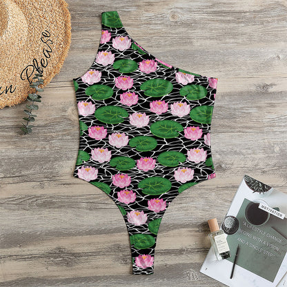 Lotus Flower And Leaf Pattern Print One Shoulder Bodysuit