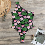 Lotus Flower And Leaf Pattern Print One Shoulder Bodysuit