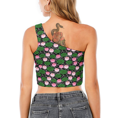 Lotus Flower And Leaf Pattern Print One Shoulder Crop Top
