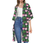 Lotus Flower And Leaf Pattern Print Open Front Beach Cover Up