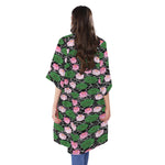 Lotus Flower And Leaf Pattern Print Open Front Beach Cover Up