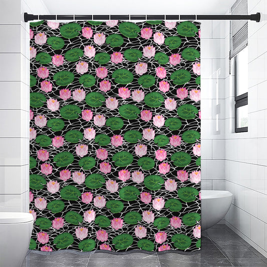 Lotus Flower And Leaf Pattern Print Premium Shower Curtain