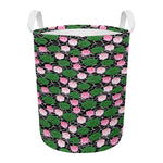 Lotus Flower And Leaf Pattern Print Round Laundry Basket