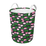 Lotus Flower And Leaf Pattern Print Round Laundry Basket