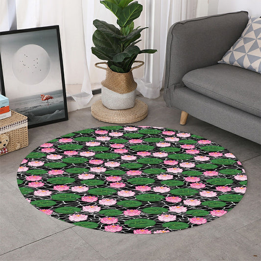 Lotus Flower And Leaf Pattern Print Round Rug