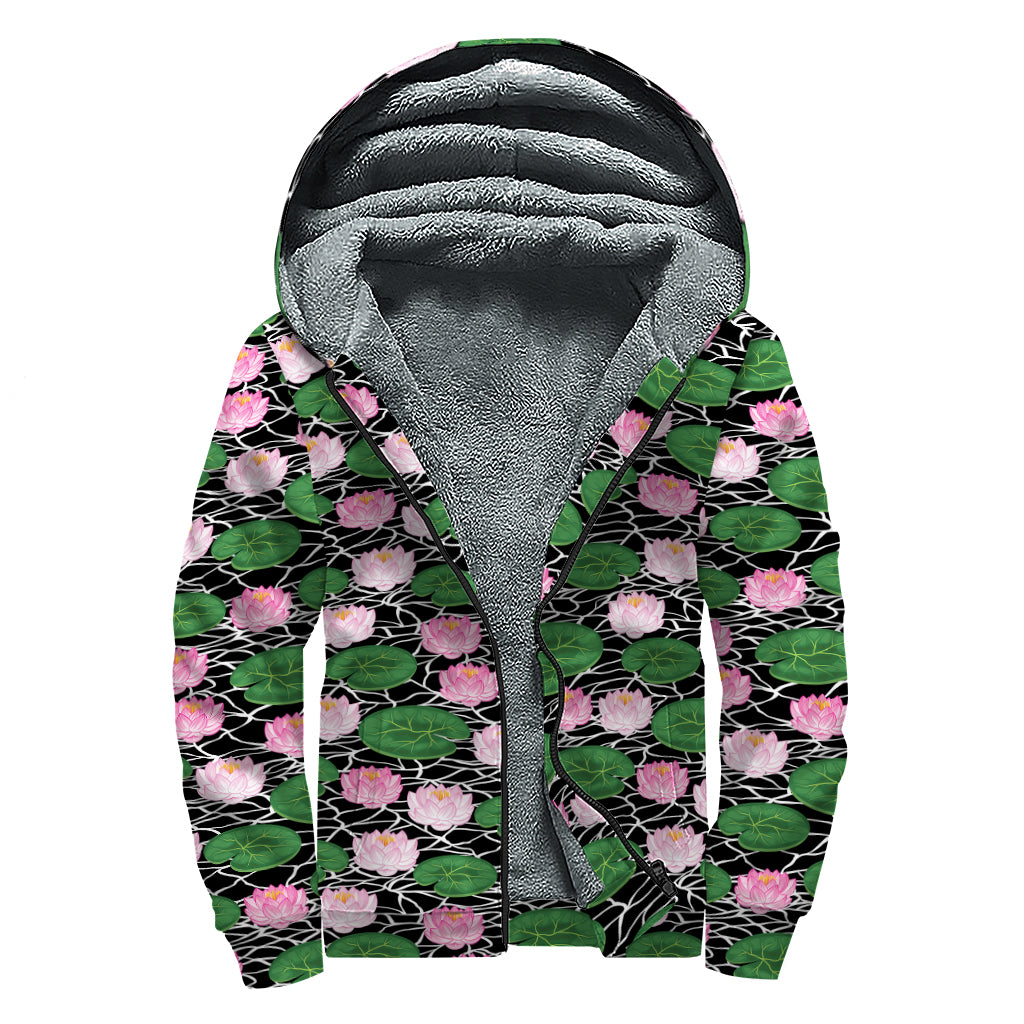 Lotus Flower And Leaf Pattern Print Sherpa Lined Zip Up Hoodie