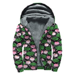 Lotus Flower And Leaf Pattern Print Sherpa Lined Zip Up Hoodie
